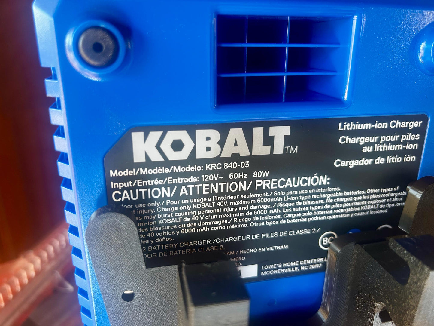 Kobalt 40V Battery Charger Side Rail Mount for Klein MODbox (For KRC 840-03)